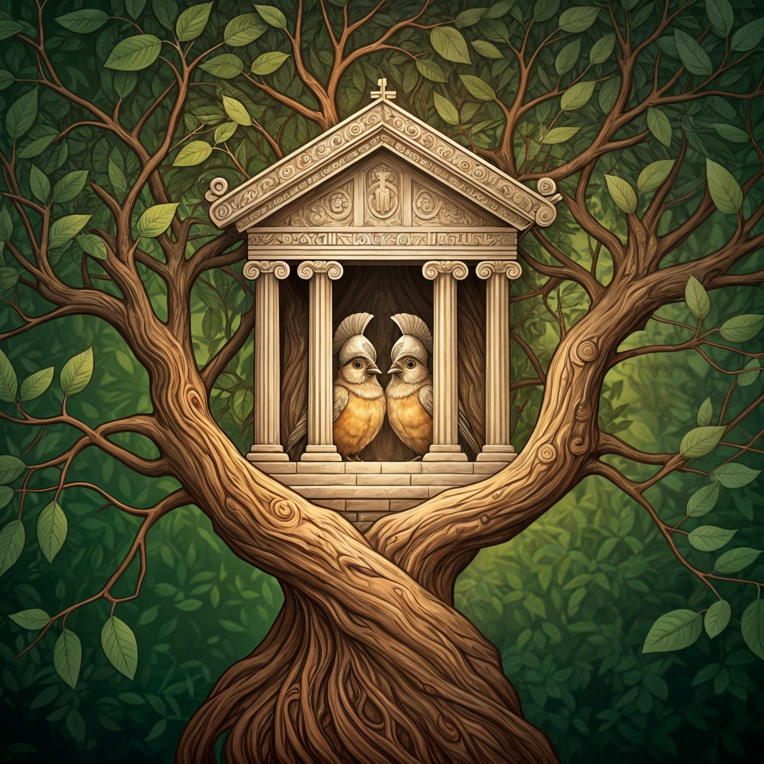 Birds in Greek Helmets with Temple Shrine