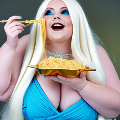Voluptuous Blonde Fantasy Woman Enjoying a Meal