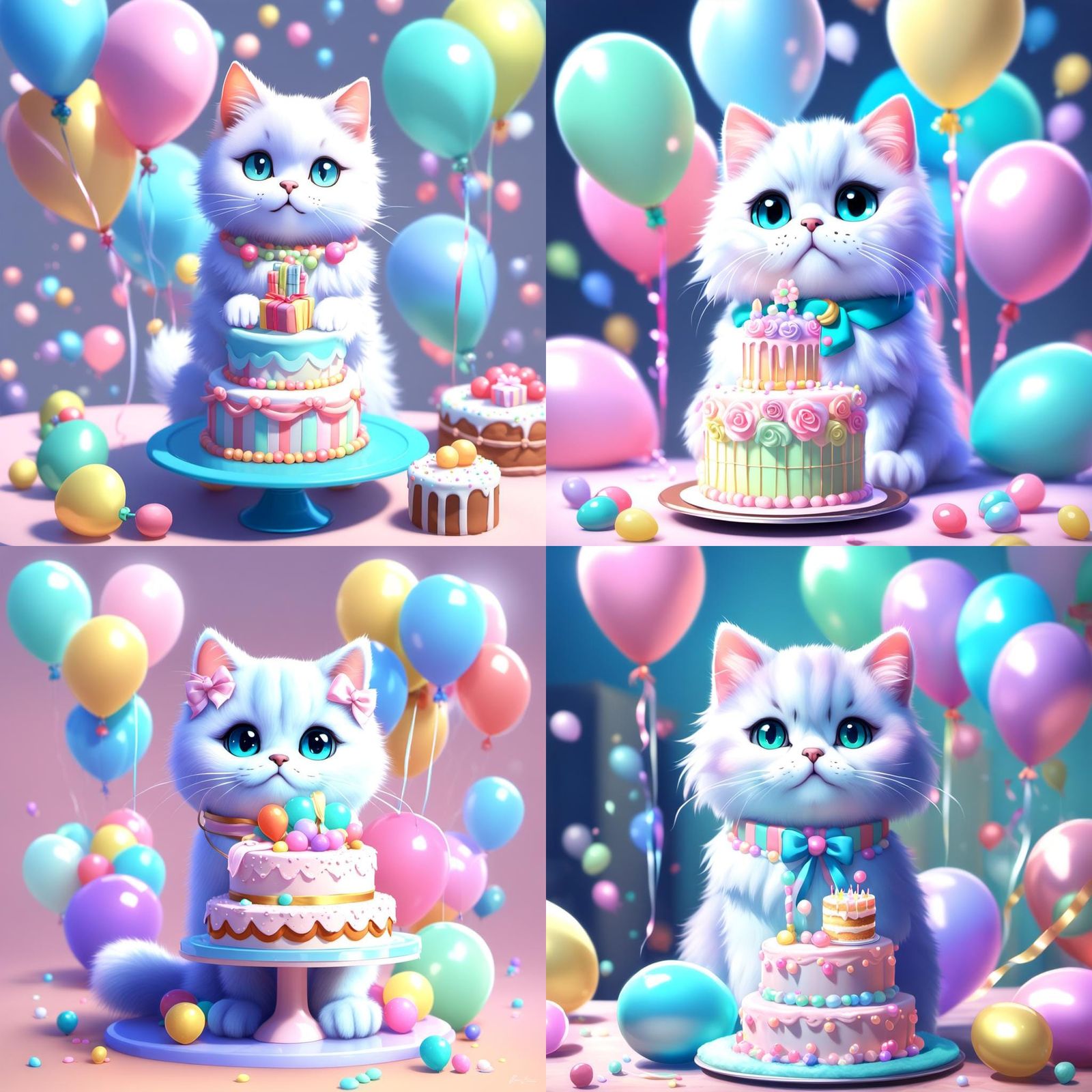 Fluffy Cat Celebrates with Cake: Digital Pastel Art