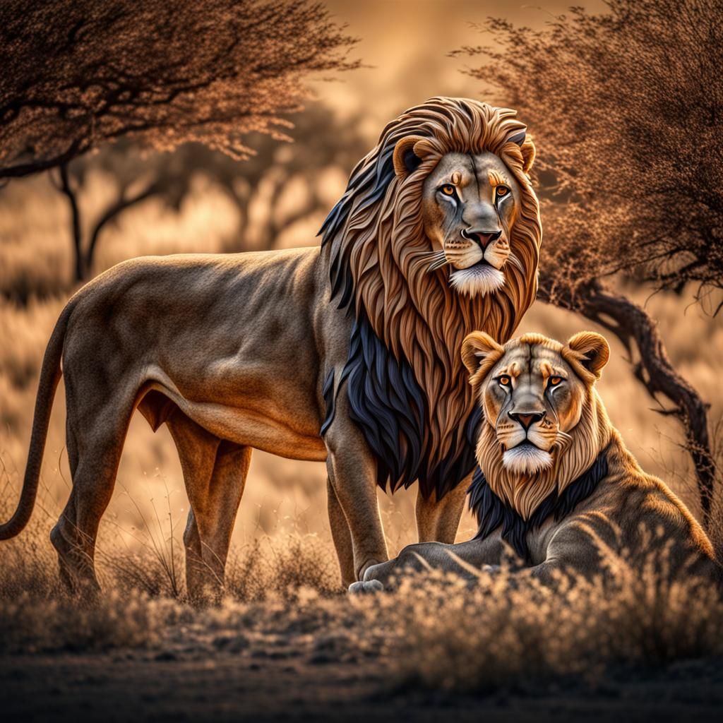 A Kirigami Lion and Lioness In the African Safari