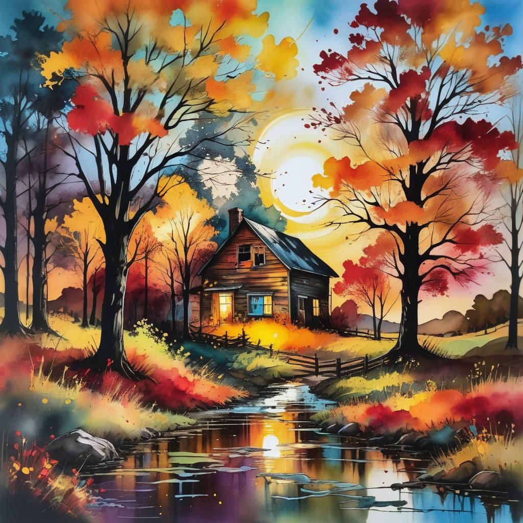 Autumn Farmhouse in Splatter Ink Style
