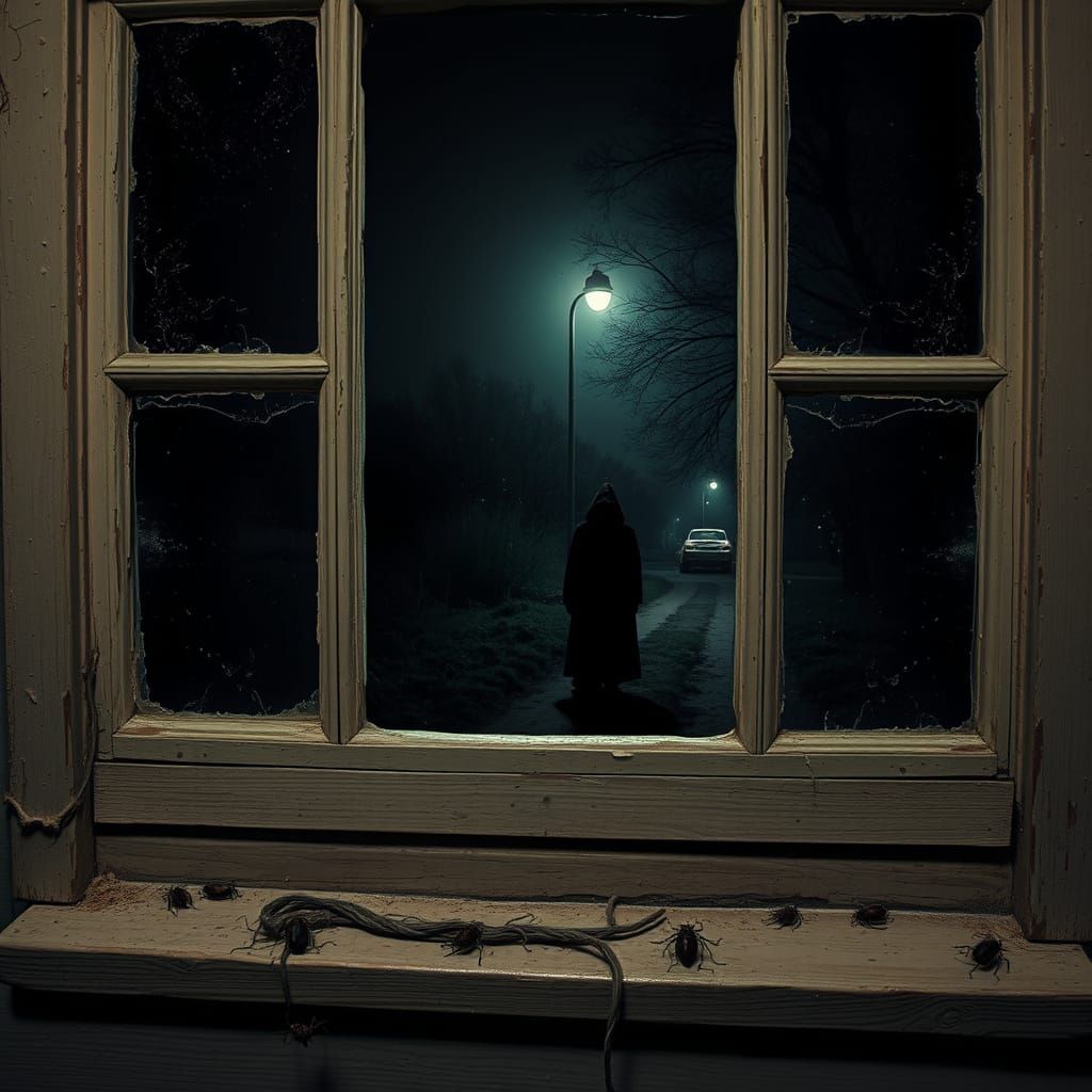 Eerie Nocturnal Scene Through a Distressed Window
