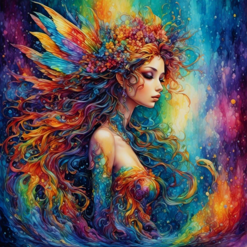 Rainbow Fairy with Wings in Watercolor Style