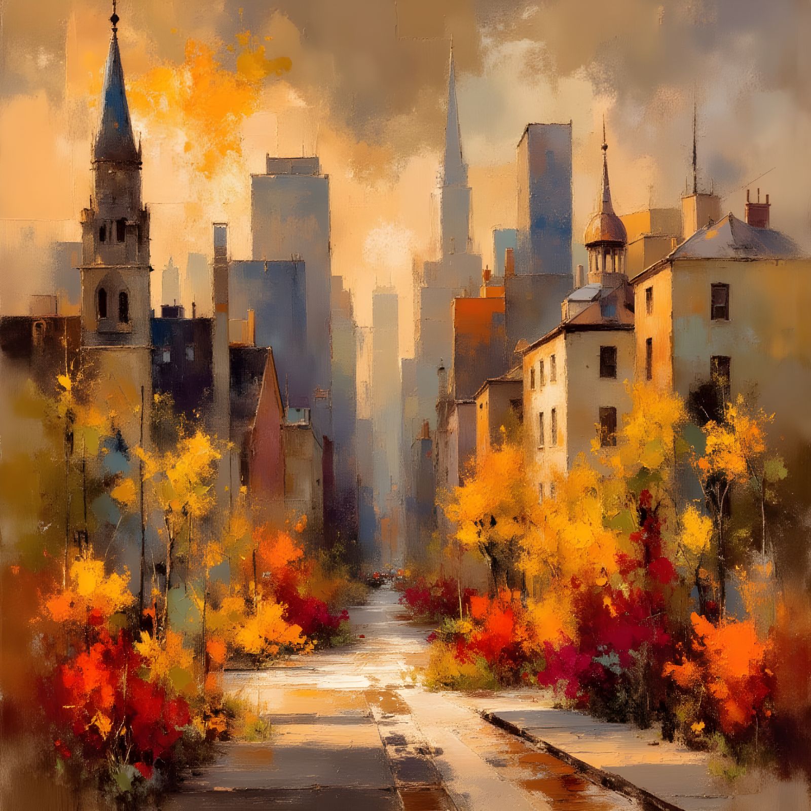 Autumn New York Cityscape in Vibrant Impressionist Colors