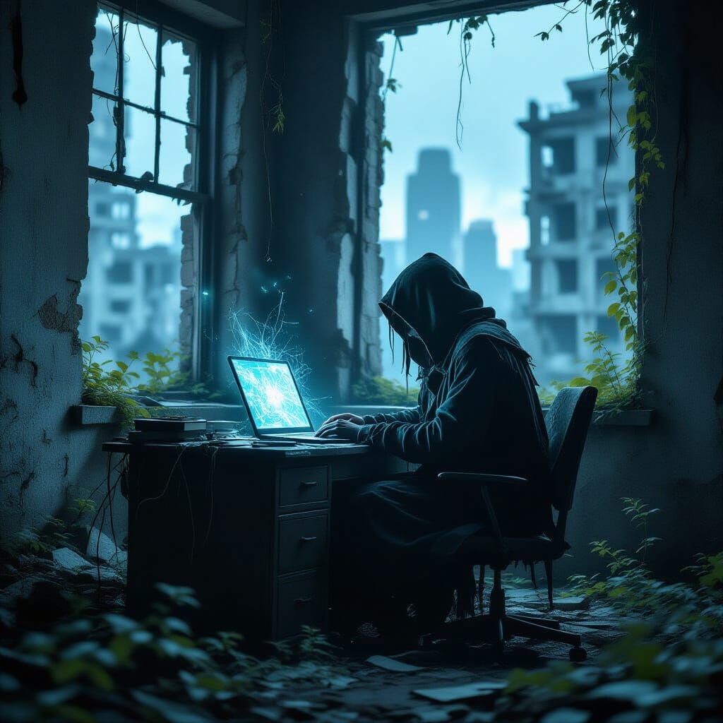 Figure in Ruin with Holographic Laptop