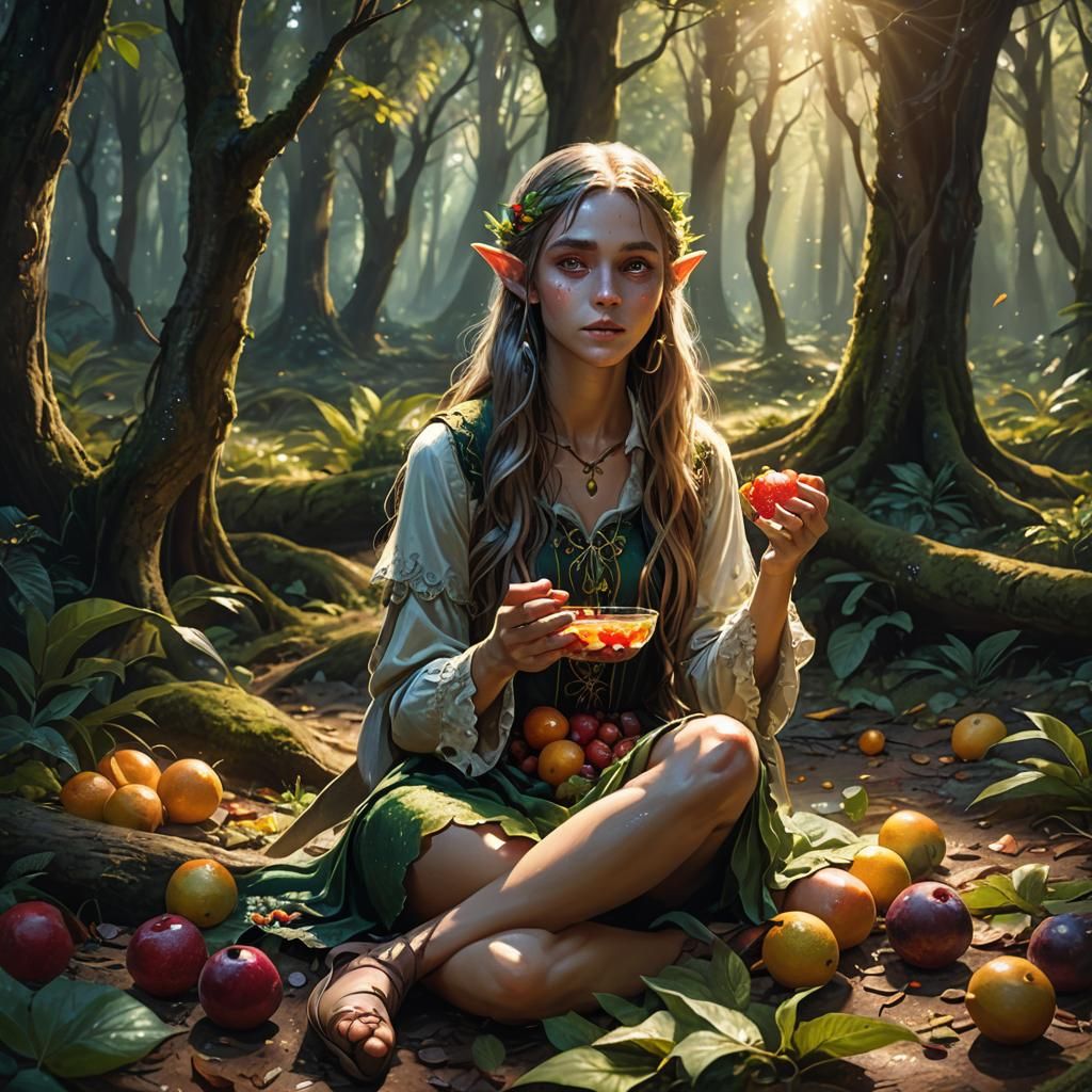 Elf Girl Eating Fruit in Forest, Fantasy Art