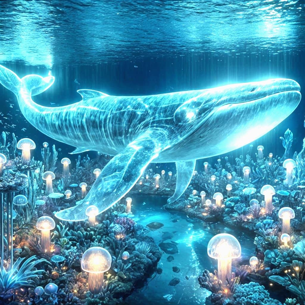 Giant Glowing Glass Whale in Bioluminescent Ocean