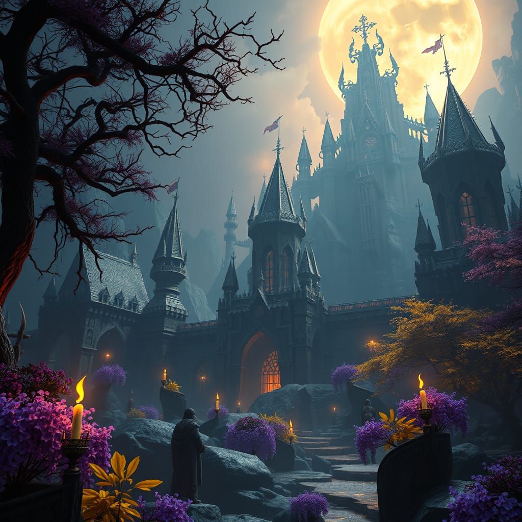 Dark Fantasy Scene in Purple and Yellow