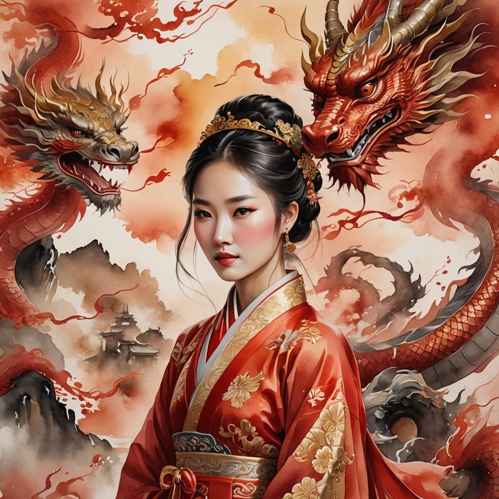 Chinese Girl Portrait with Dragon in Watercolor