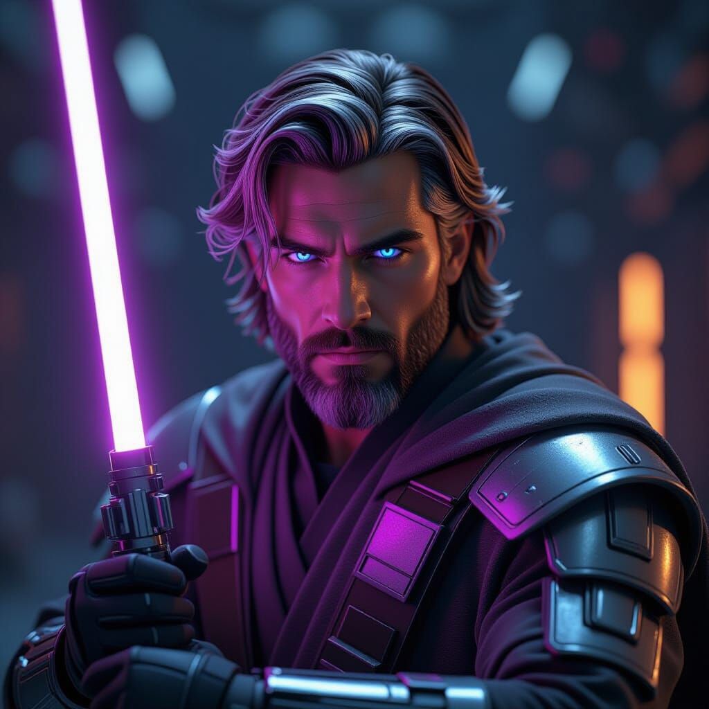 Jedi Warrior with Dual-Colored Eyes and Silver Lightsaber