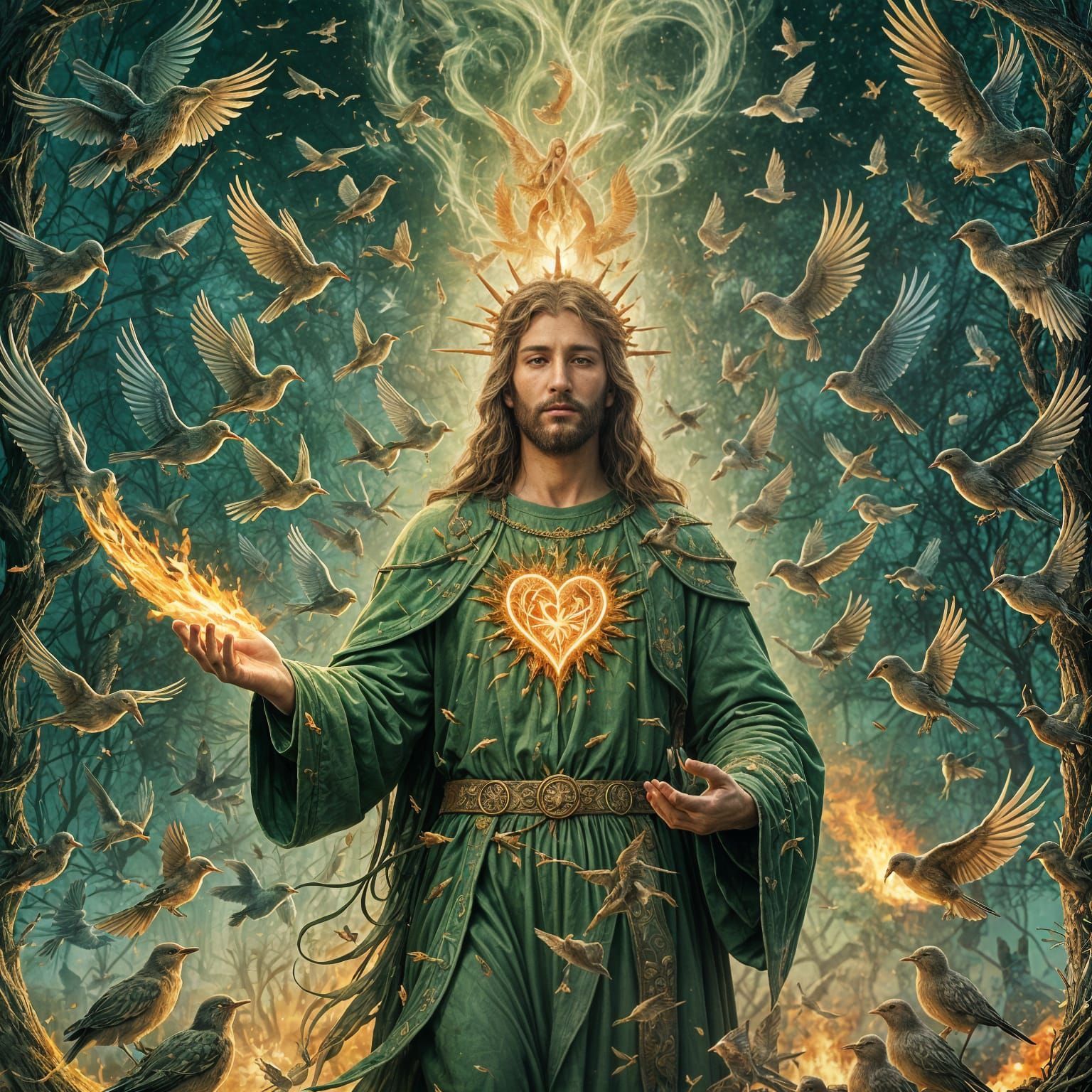 Christ with Birds and Green Fire Heart