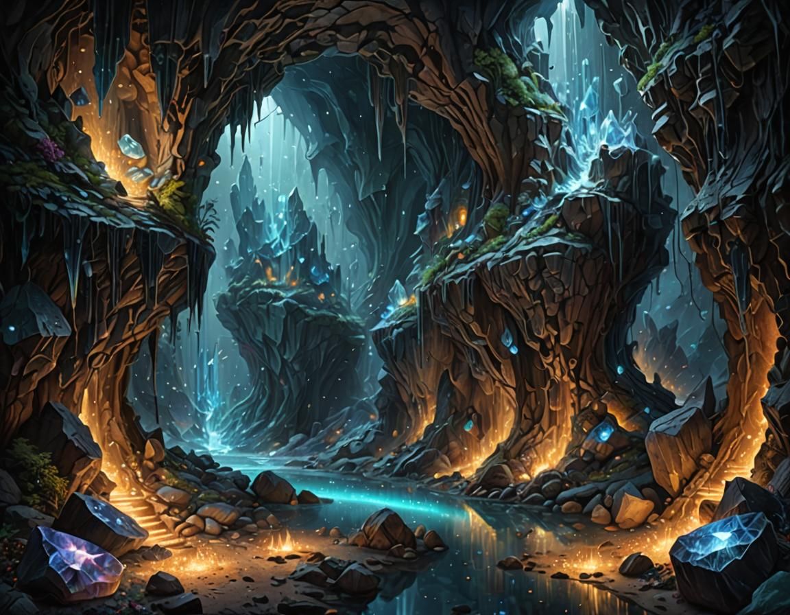 Bioluminescent Crystalline Caverns in Fantasy Style