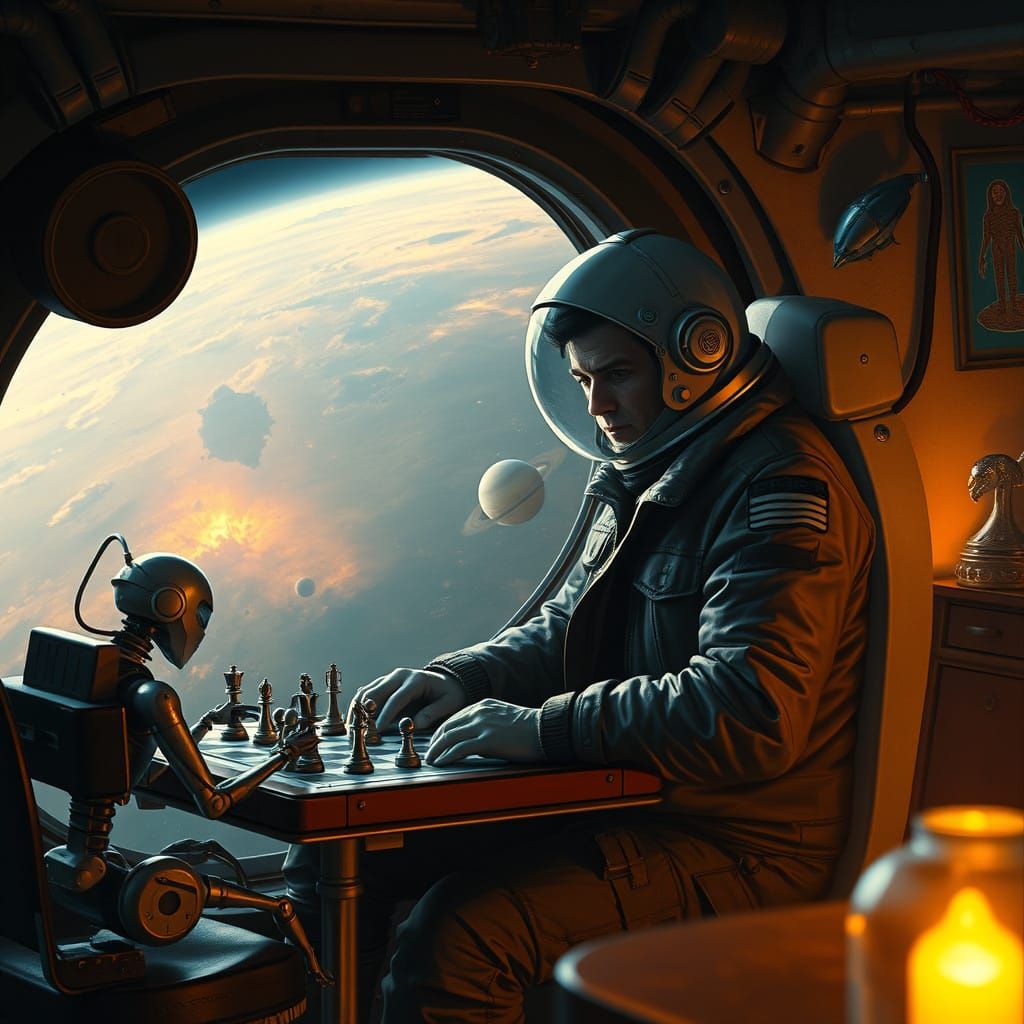 Astronaut and Robot Play Chess in Saturn Orbit