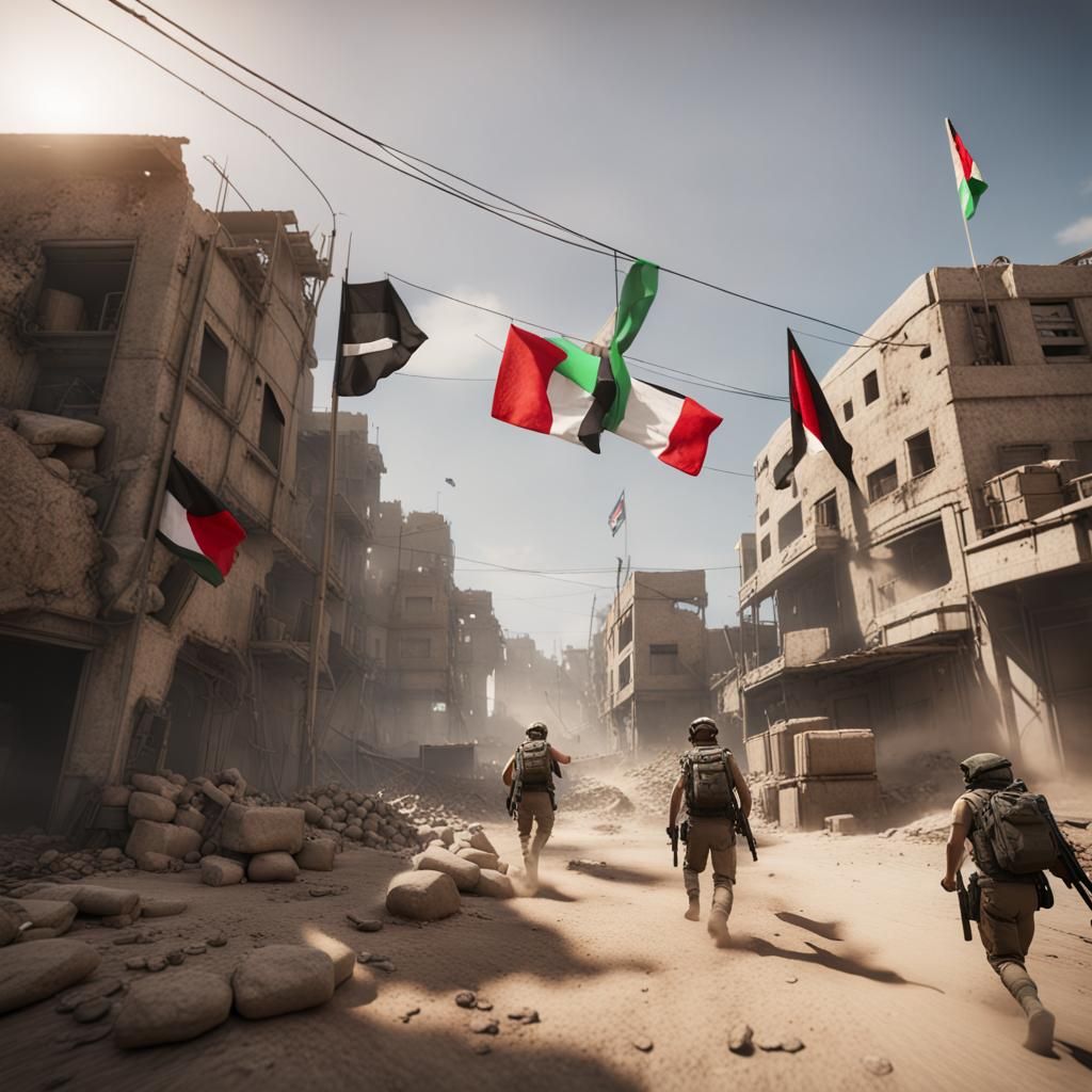Gaza Conflict: 3D Cinematic Render with Flags