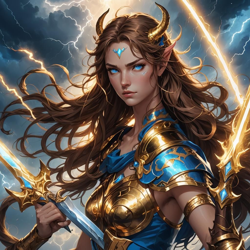 Anime Centaur with Sword in Electric Sky