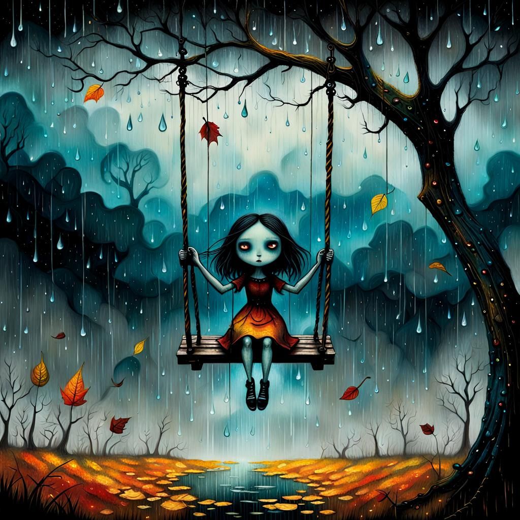 Girl on Swing: Pop Surrealist Autumn Illustration