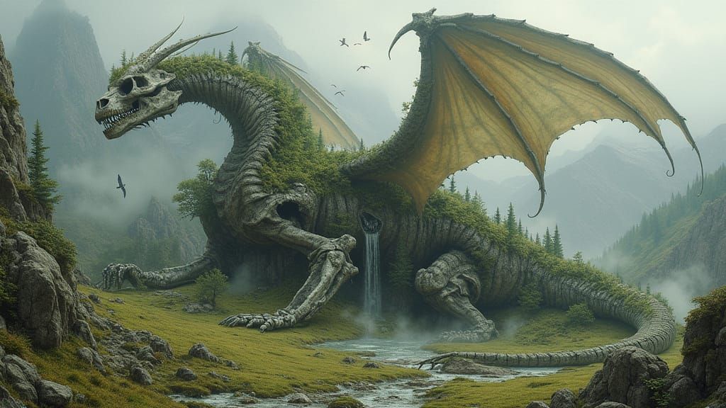 Ethereal Landscape Blooms Within Ancient Dragon Remains