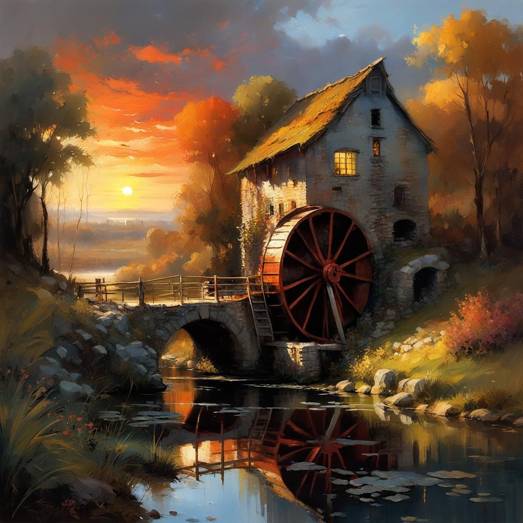 Sunset Watermill: Detailed Matte Painting