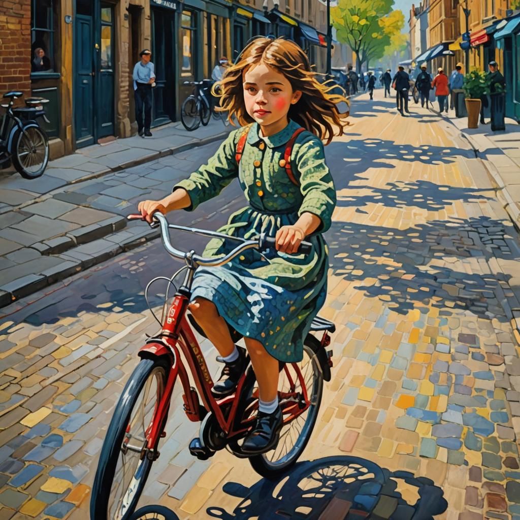 Girl on Bicycle, London Street, Neo-Impressionist Impasto Pa...