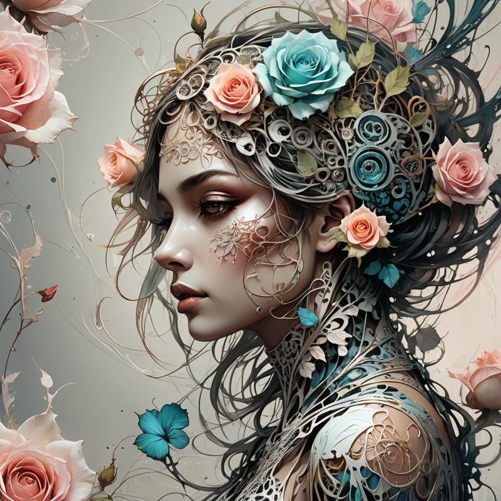 Filigree Fractal Rosebud in Pastel Ink