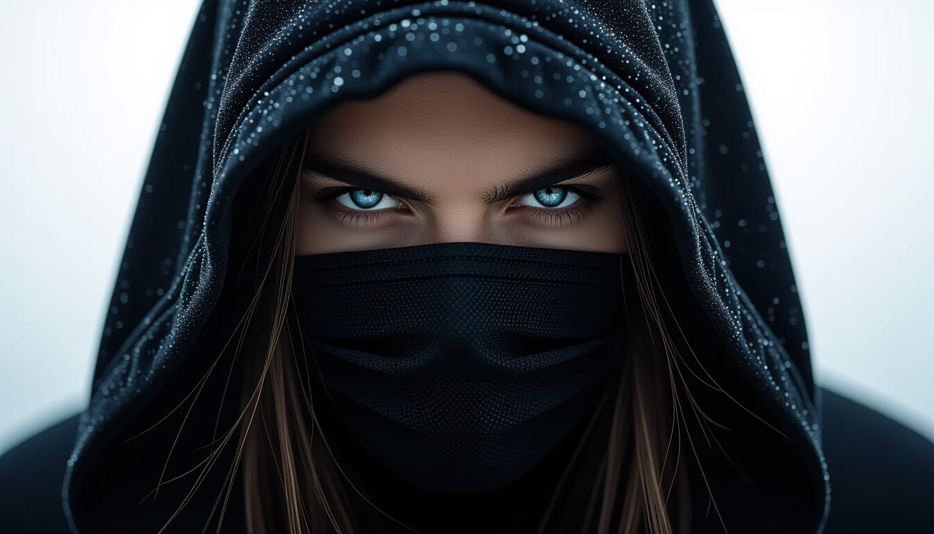 Mysterious Figure With Glowing Blue Eyes in Low-Key Portrait