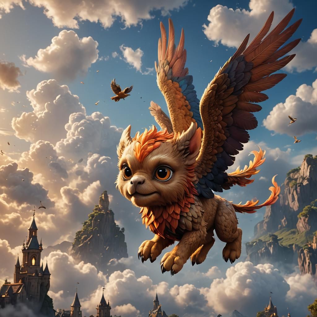 Adorable Baby Griffin Flying: Fantasy Concept Art