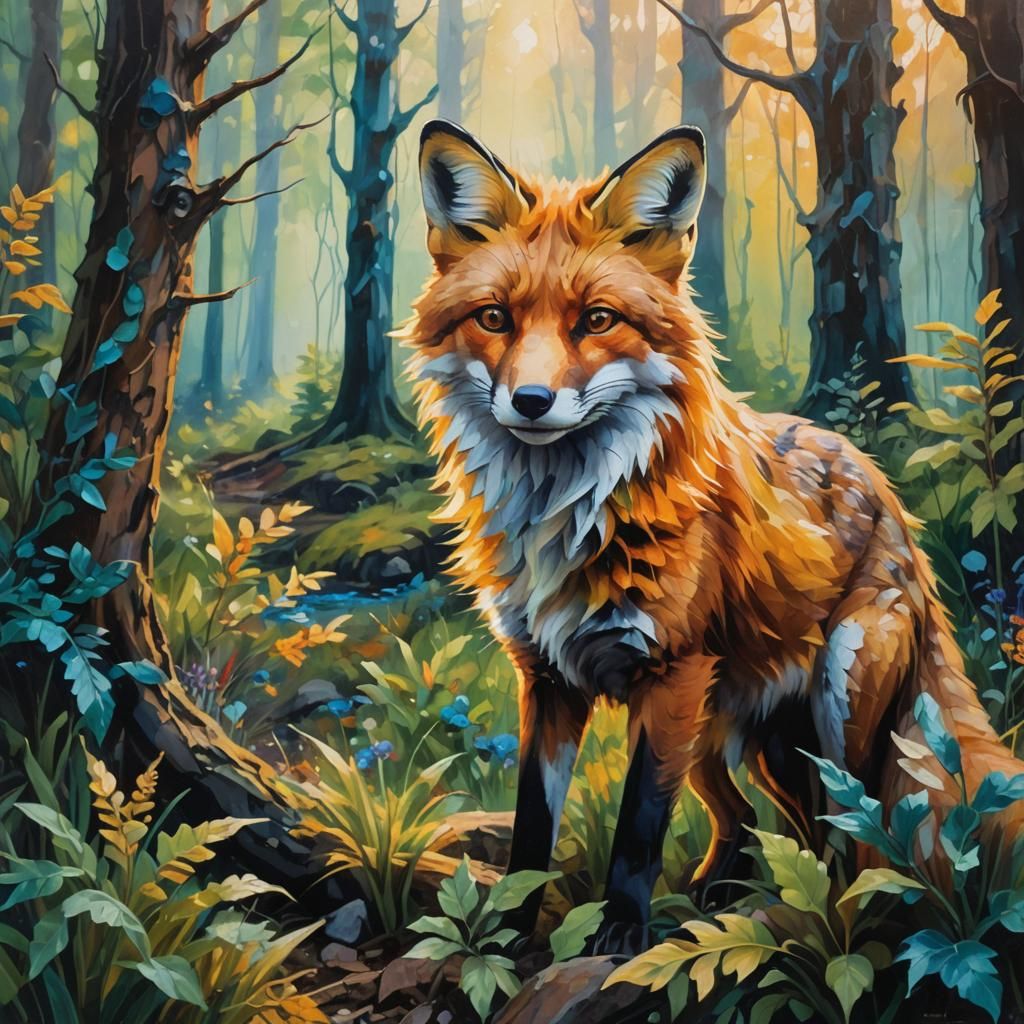 Fox Landscape: Vibrant Oil Painting in Triadic Colors