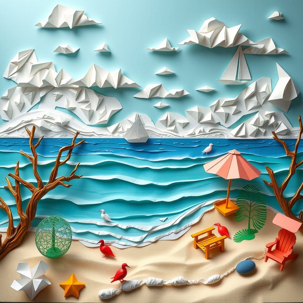 Paper Beach Scene in Origami Style