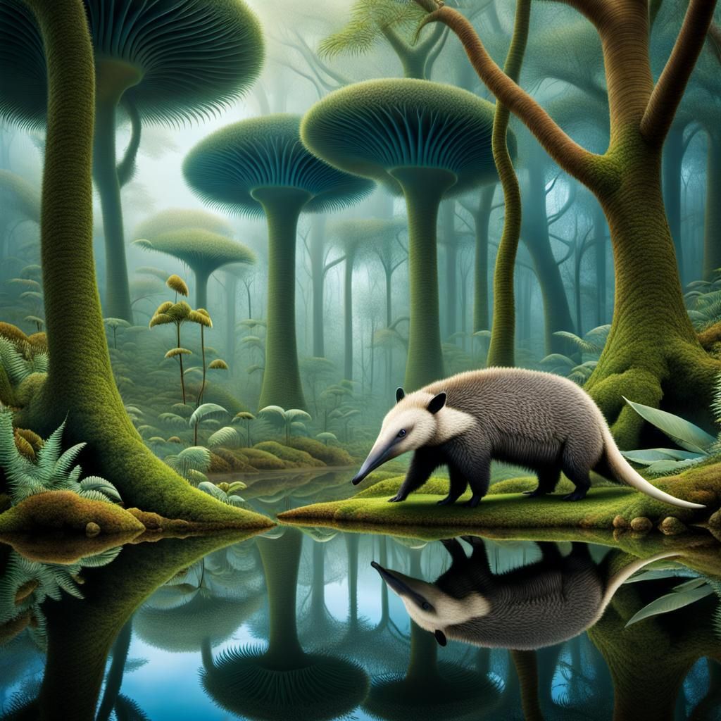 Surreal Anteater in Mirrored Dreamlike Forest