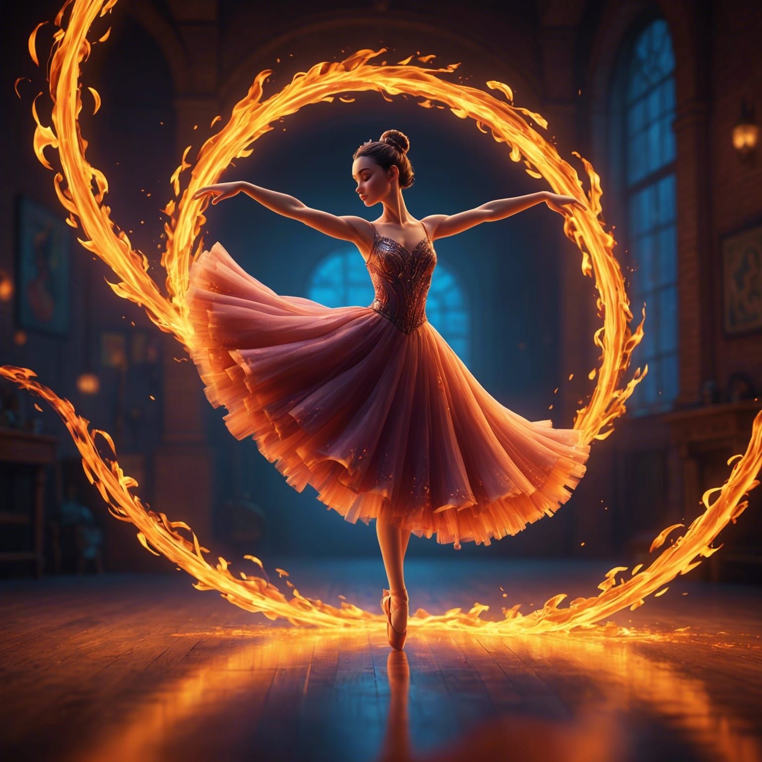 Ballerina Dances Through Flames: 3D Digital Art