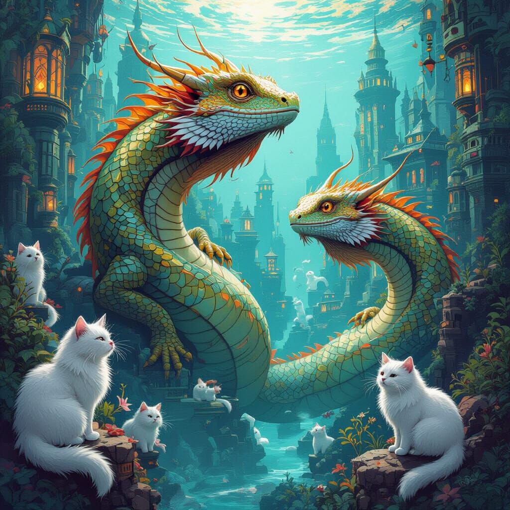 Water Dragons & Cats in Mystical City