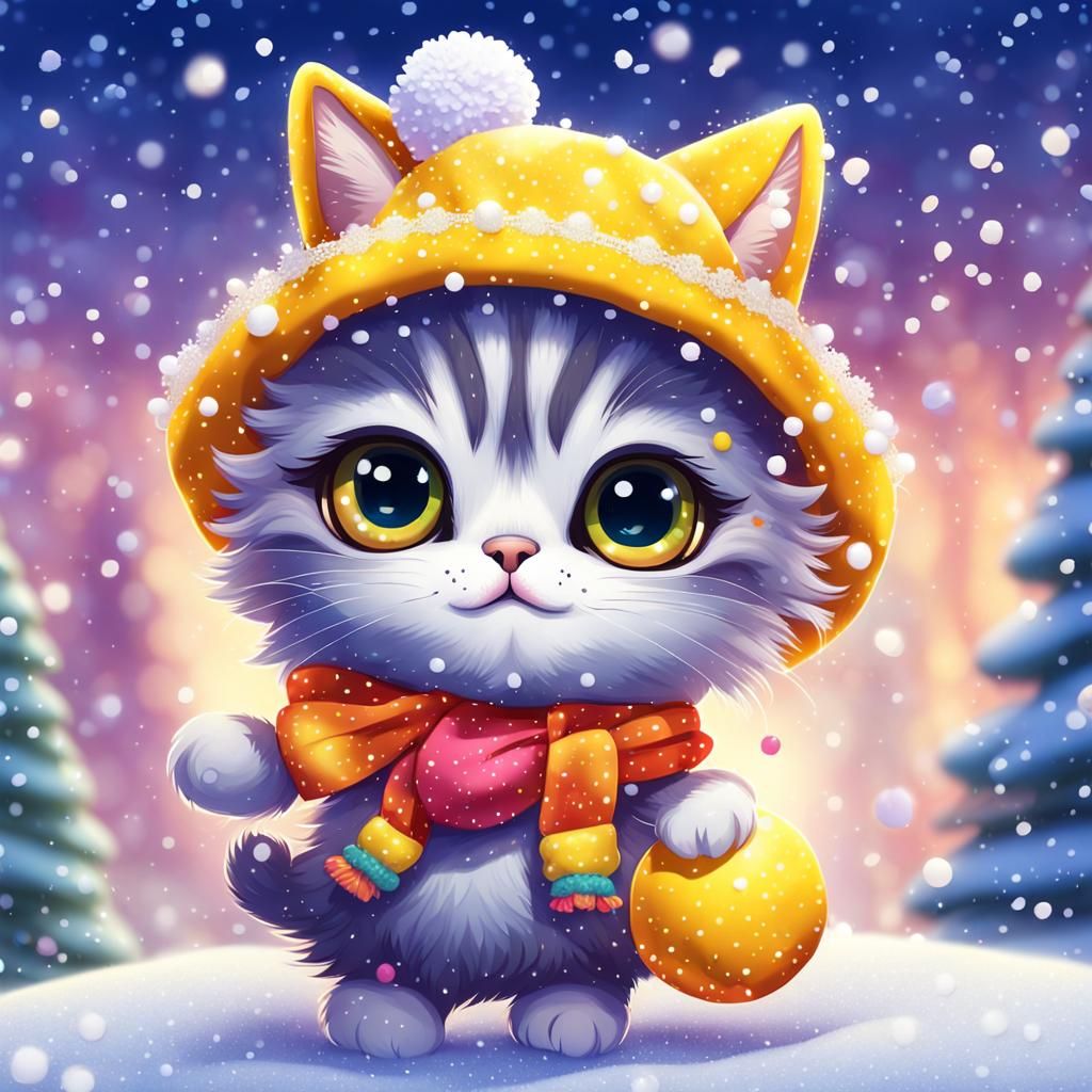 Cartoon Cat Dancing in the Snow: Candy Art Style