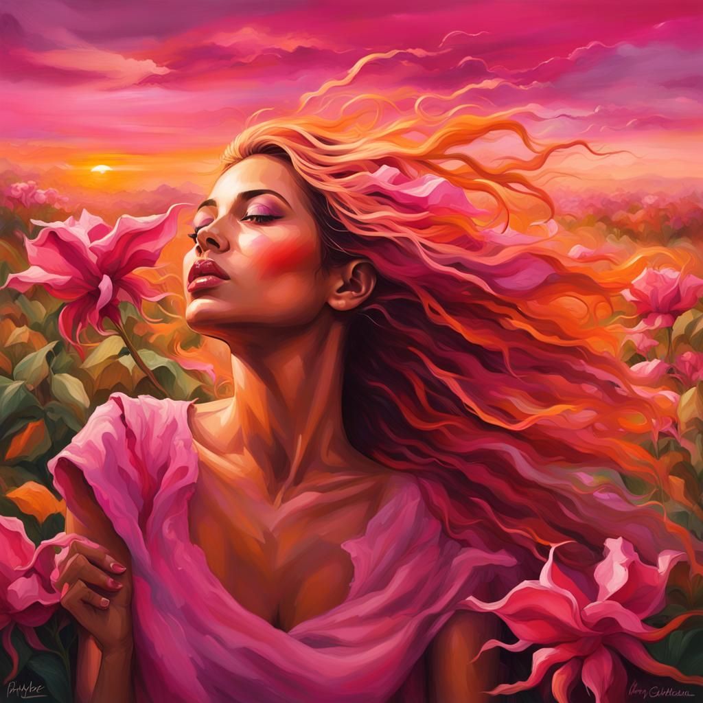 Goddess with Flowing Fuschia Hair in Sunset Field