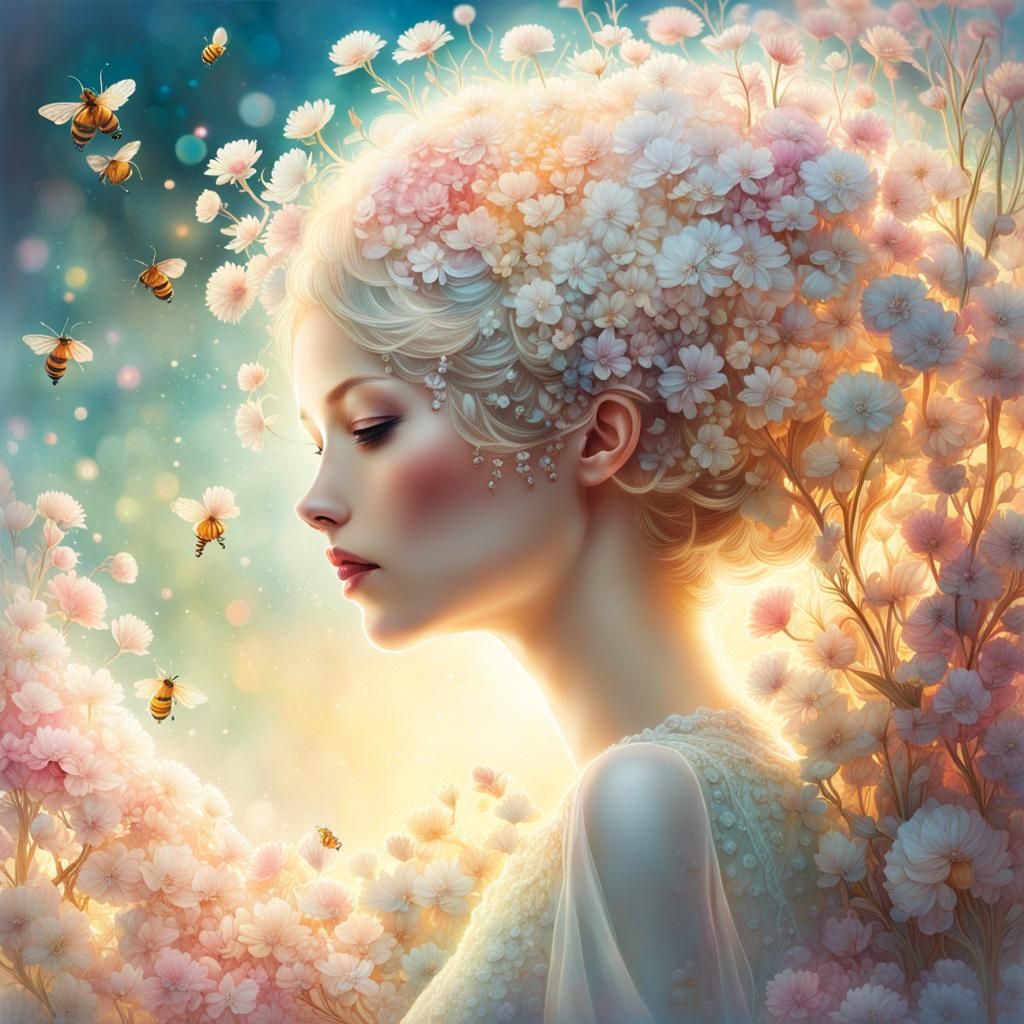 Ethereal Honeybee with Flowers in Watercolor Style