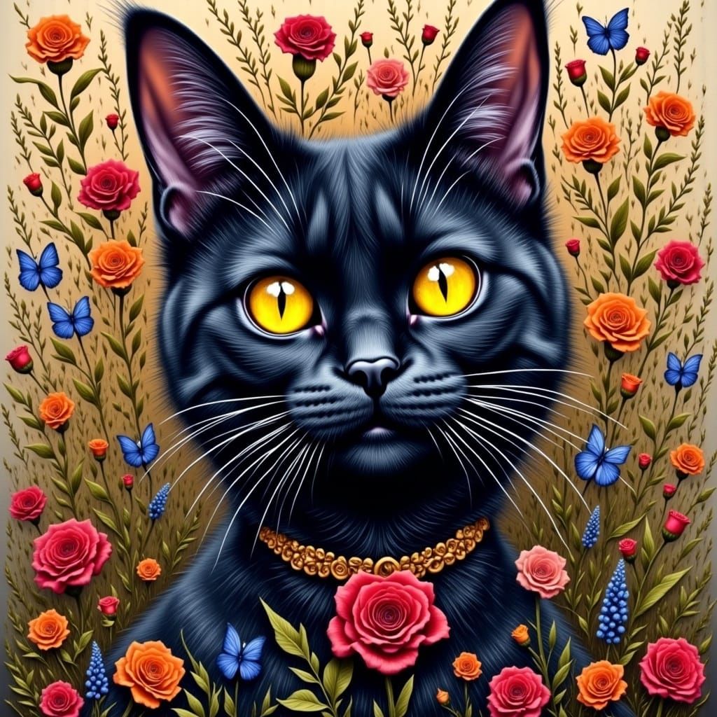 Hyperrealistic Black Cat in La Dia de los Muertos Style