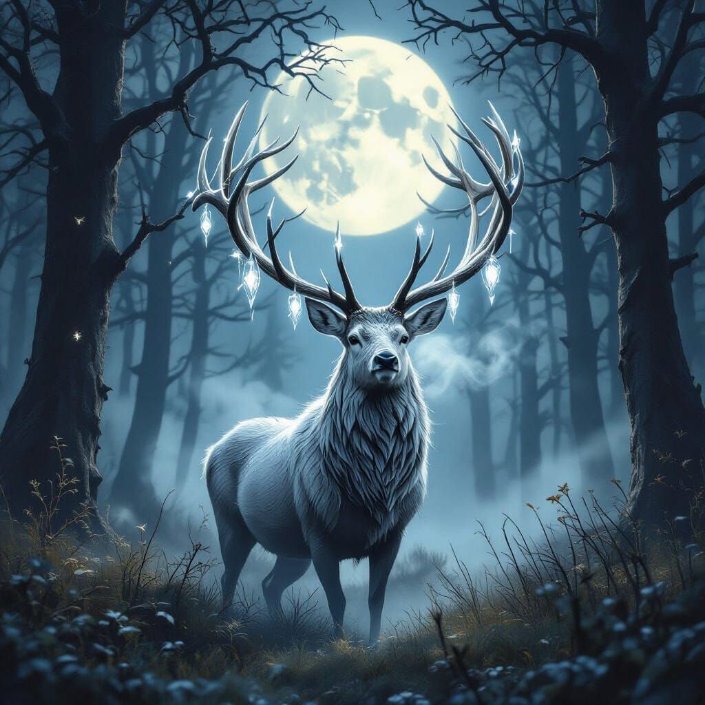 Silver Stag with Crystalline Antlers in Digital Painting Sty...