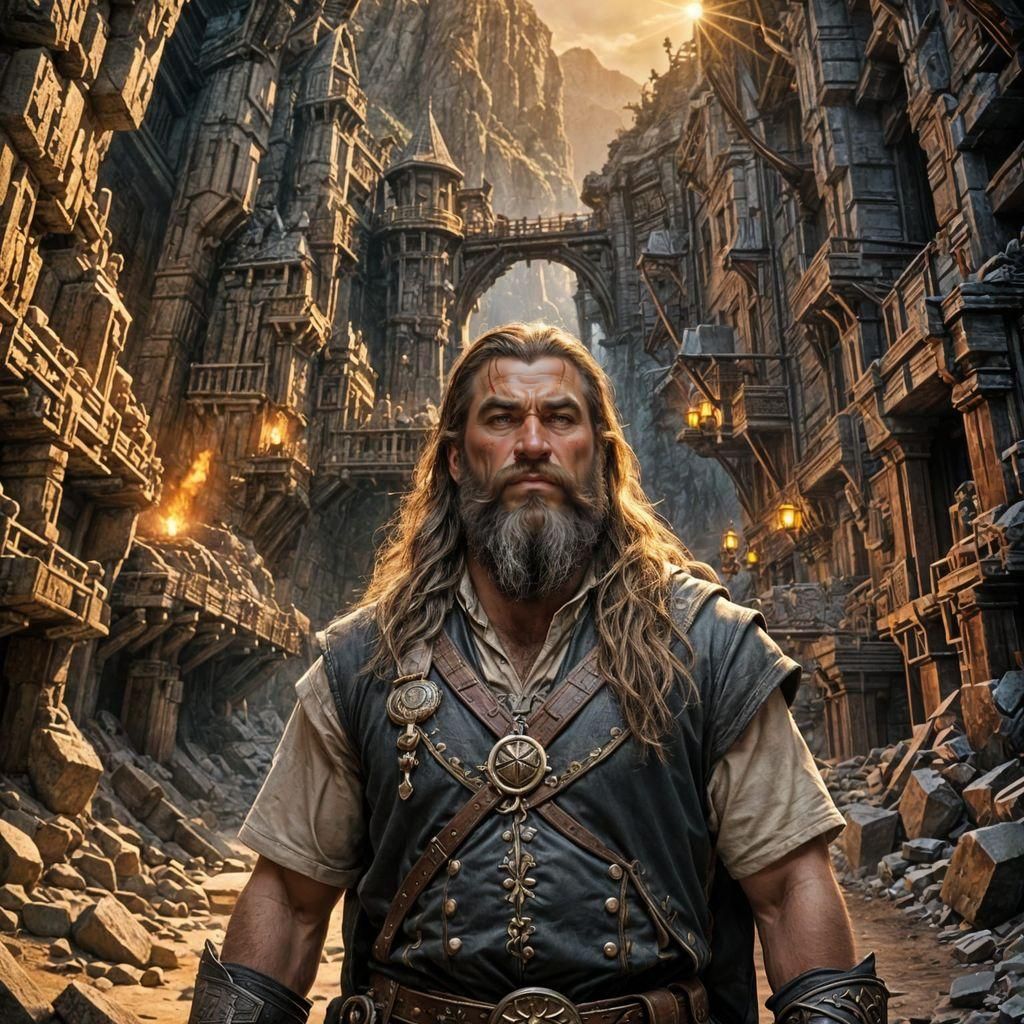 Heroic Dwarf Warrior Portrait in Epic Fantasy Landscape