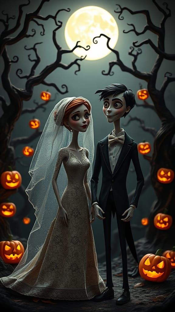 Tim Burton-Style Halloween Couple in Enchanted Forest
