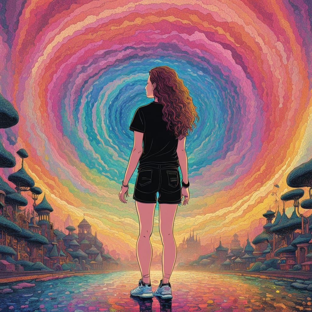 Woman Under Rainbow, Mosaic Art Style