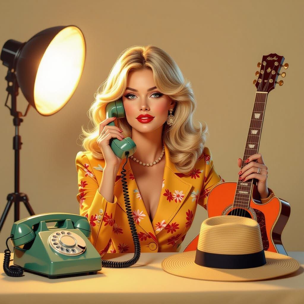 1970s Fashion Ad Illustration: Woman with Guitar and Phone