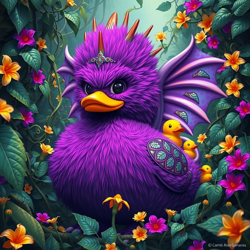 Gigantic Furry Grape Rubber Duck Reigns Over Vibrant Jungle