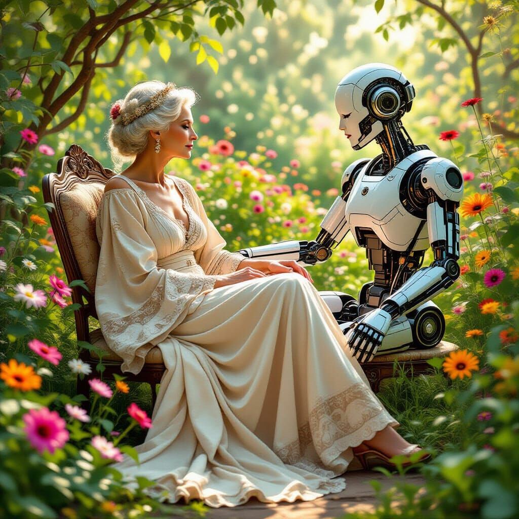 Art Deco Robotic Woman in Lush Garden