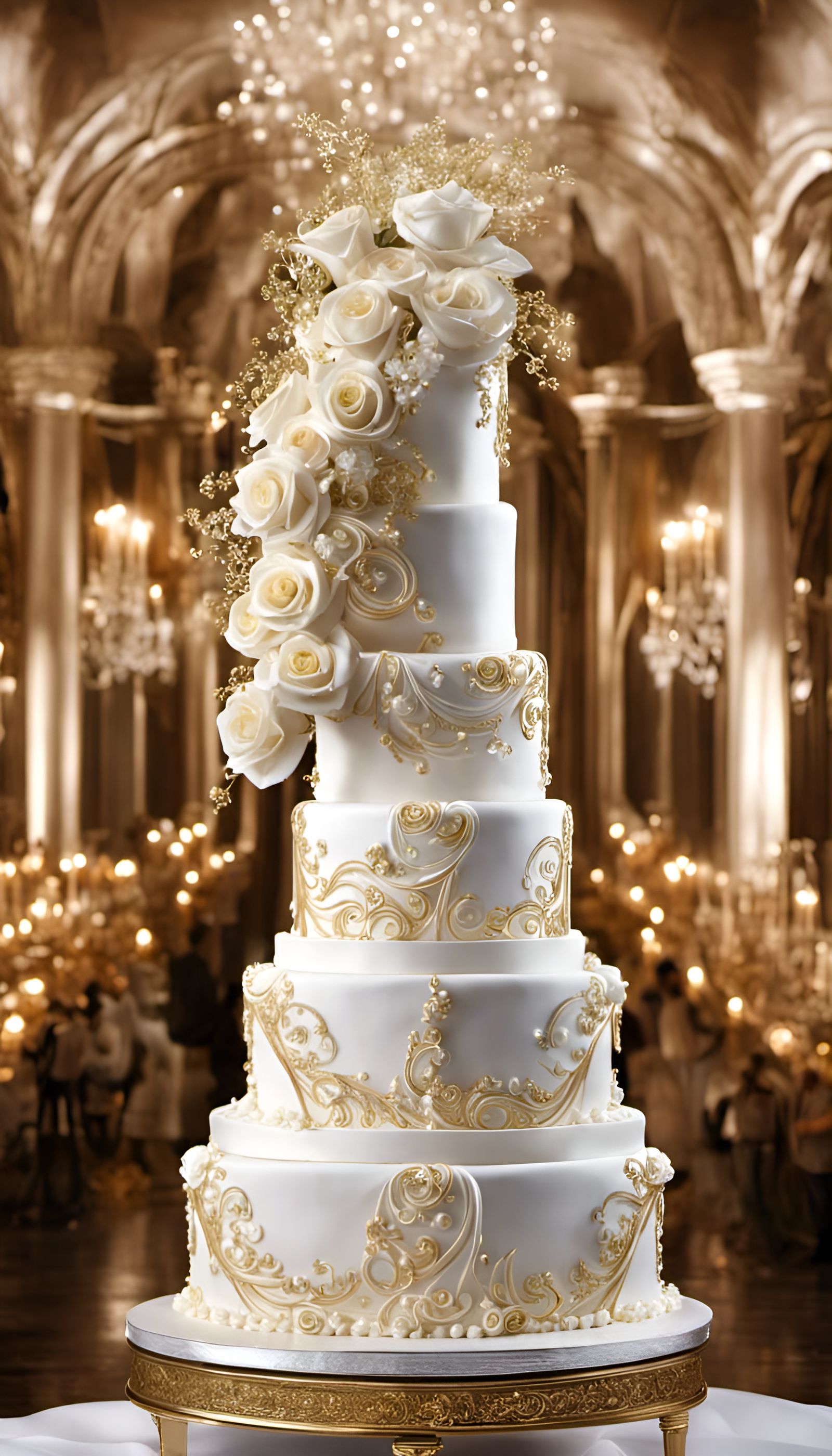Elegant White Wedding Cake with Roses and Gold