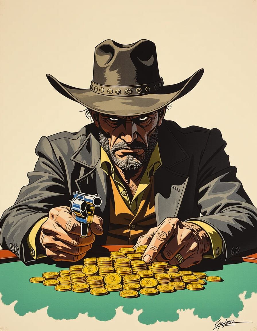 Gunslinger Greed: Gouache Illustration in Western Style