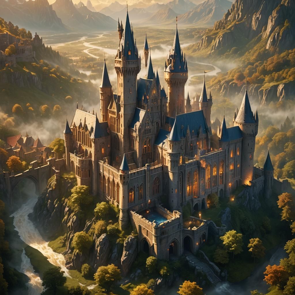 Mystical Fantasy Castle with Gothic Windows in Golden Light