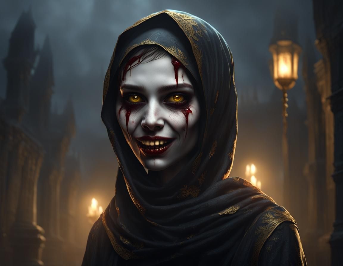 Vampire Portrait with Golden Eyes in Dark Crypt