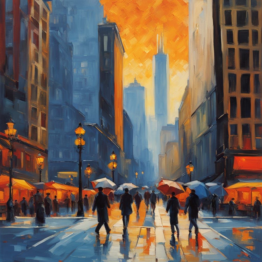 Chicago Cityscape in Expressionist Oil Painting Style