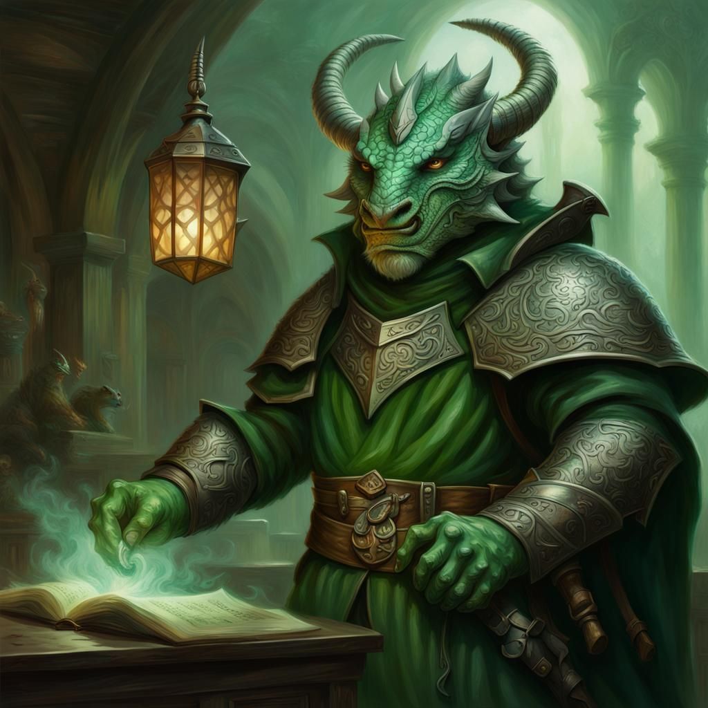 Green Dragonborn Scholar: Ethereal Fantasy Art