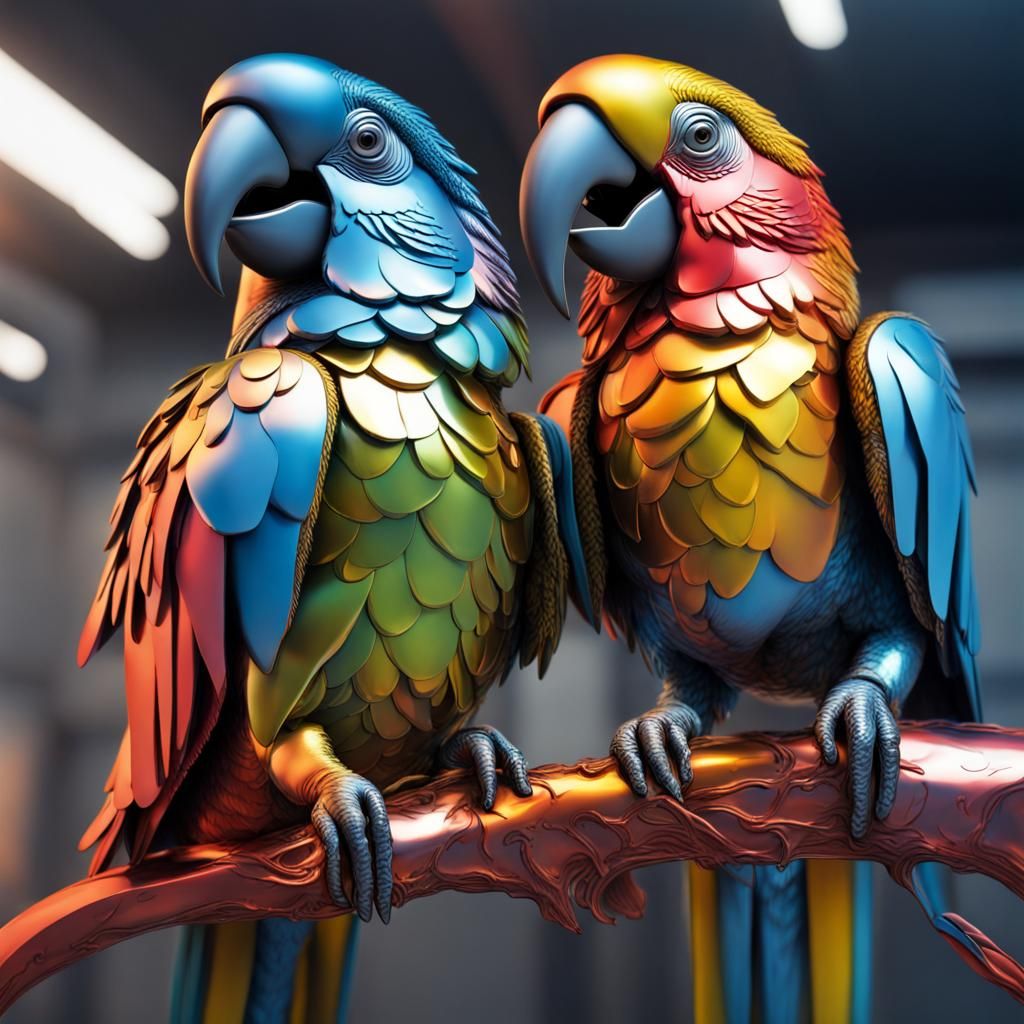 Hyperrealistic Metallic Parrots in Splash Art Style