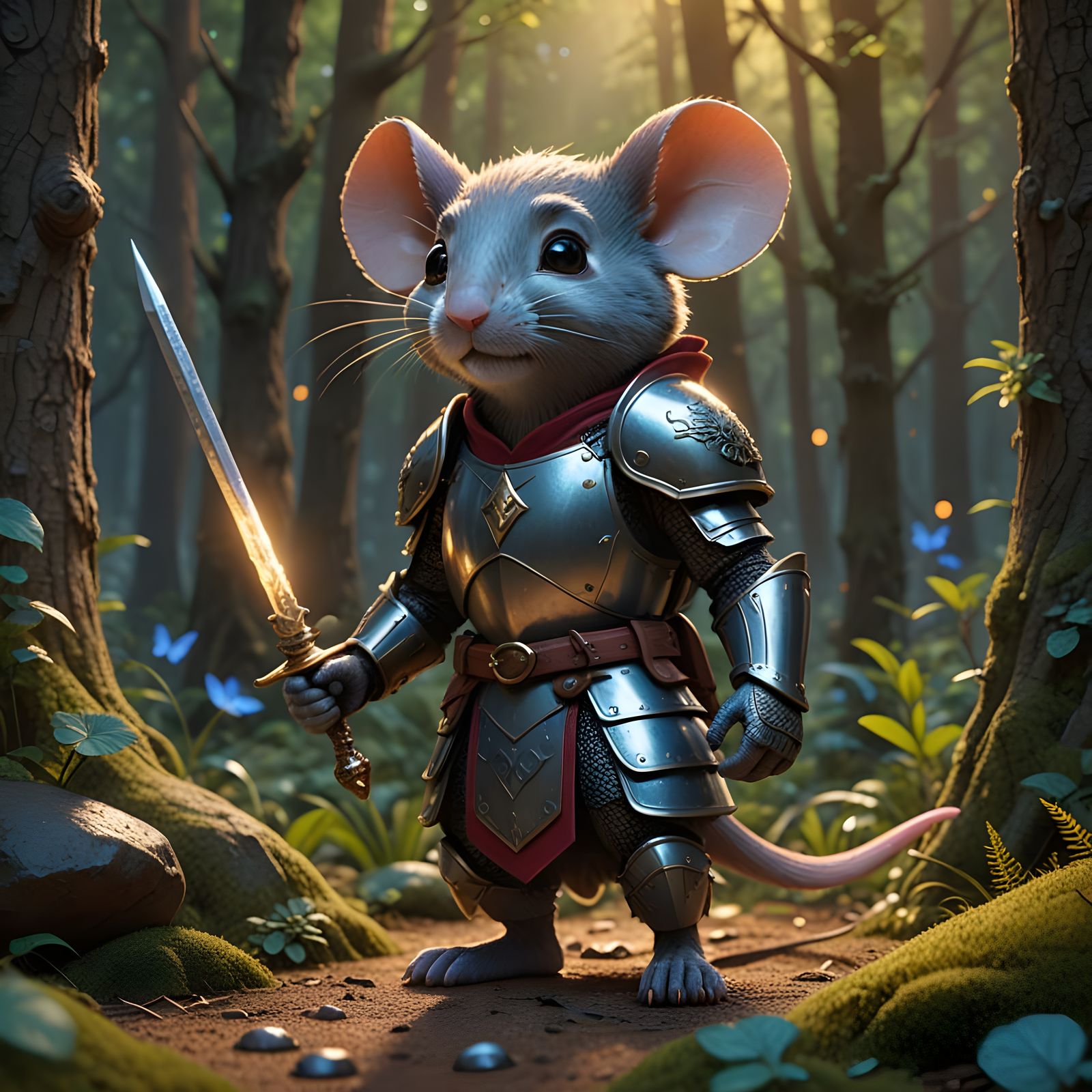 Tiny Mouse Knight Stands Tall in Vibrant Enchanted Forest